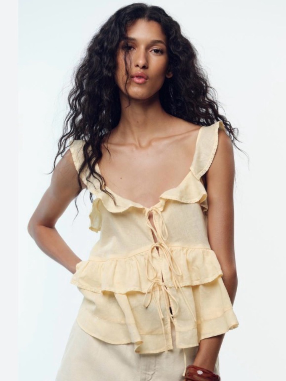 Linen Ruffle Tie-front Top - Picture 3 of 5